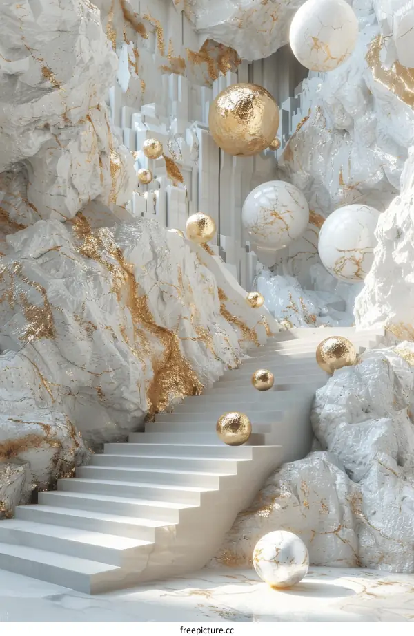 Abstract White Marble Stairway with Gold Accents