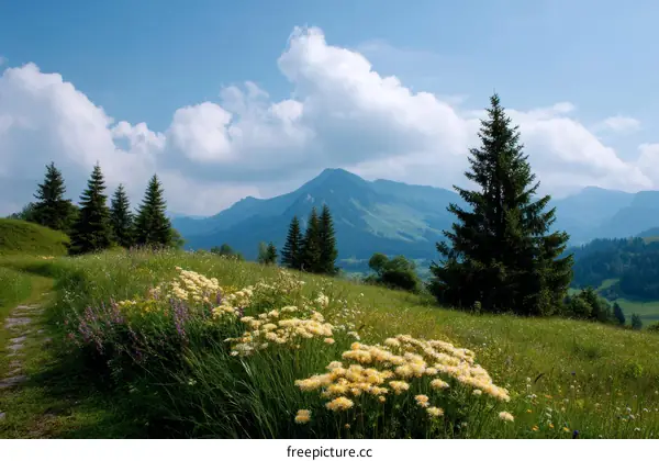 Mountain Meadow Landscape with Cloudy Sky