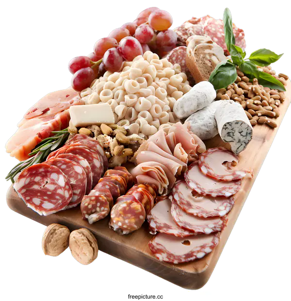 [Transparent Background PNG]Italian Antipasto Platter with Salami, Ham, Cheese, and Grapes