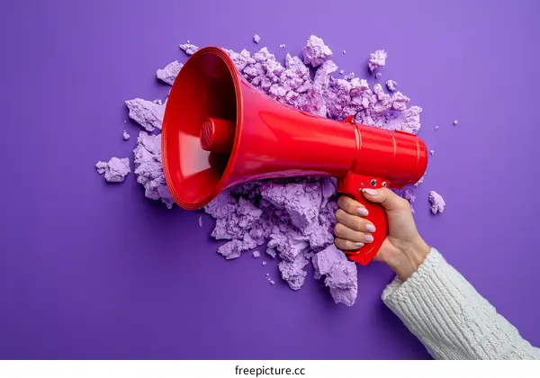 Red Megaphone on Purple Background with Female Hand
