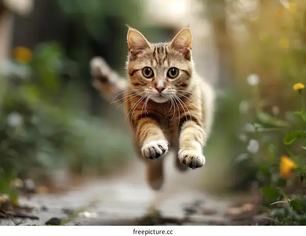 A ginger cat is leaping in mid-air