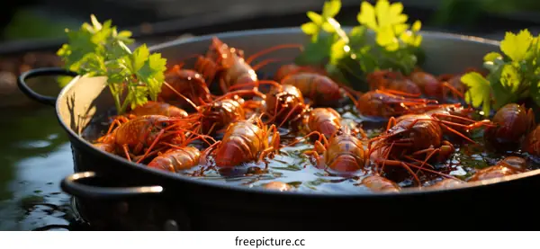 A pot of cooked crawfish with parsley