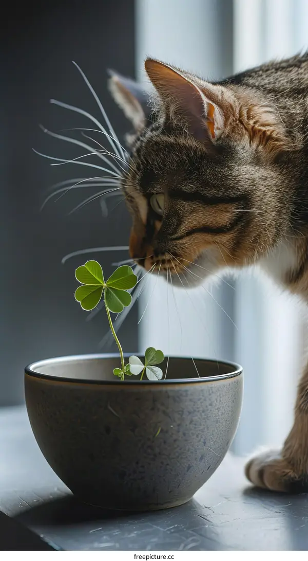 Curious Cat Sniffs at a Potted Four-Leaf Clover