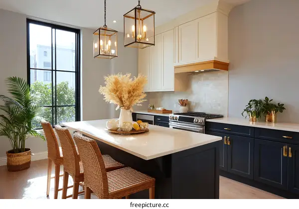Modern Kitchen with Island and Wicker Chairs