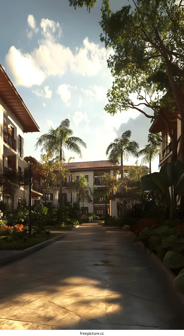 Tropical Courtyard with Palm Trees and White Buildings