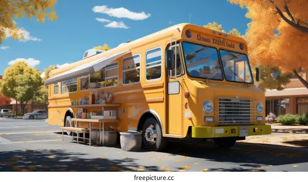 A yellow school bus parked on a street with autumn trees
