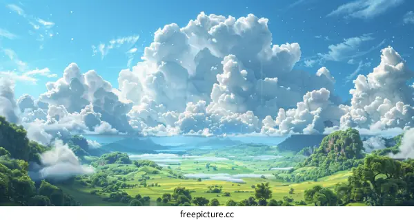 Green Valley With Blue Sky and Clouds