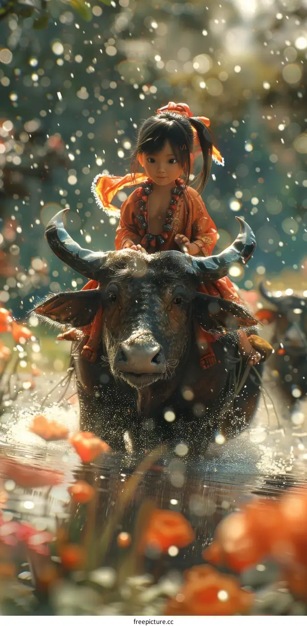 Little Girl Riding a Water Buffalo through a River