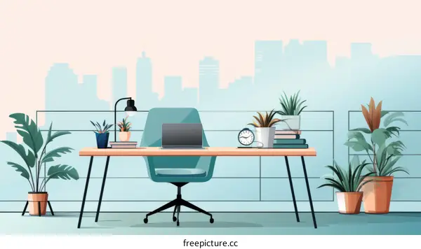 Desk with Laptop, Books, Plants, Clock Displayed