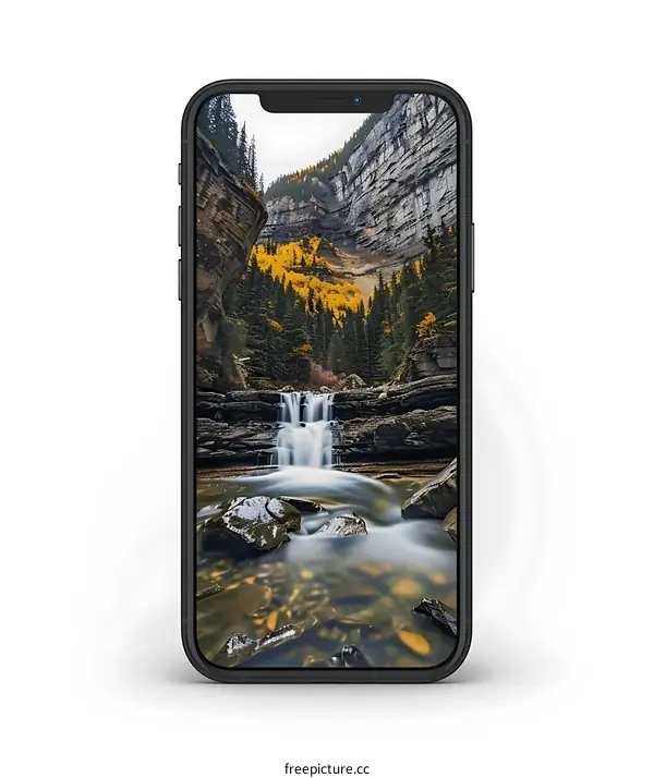 Black Smartphone with Waterfall and Mountain Landscape