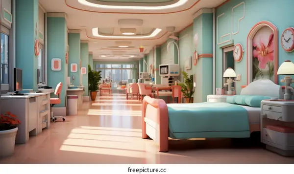 A retro hospital room with a bed, computer desk, plants, and medical equipment