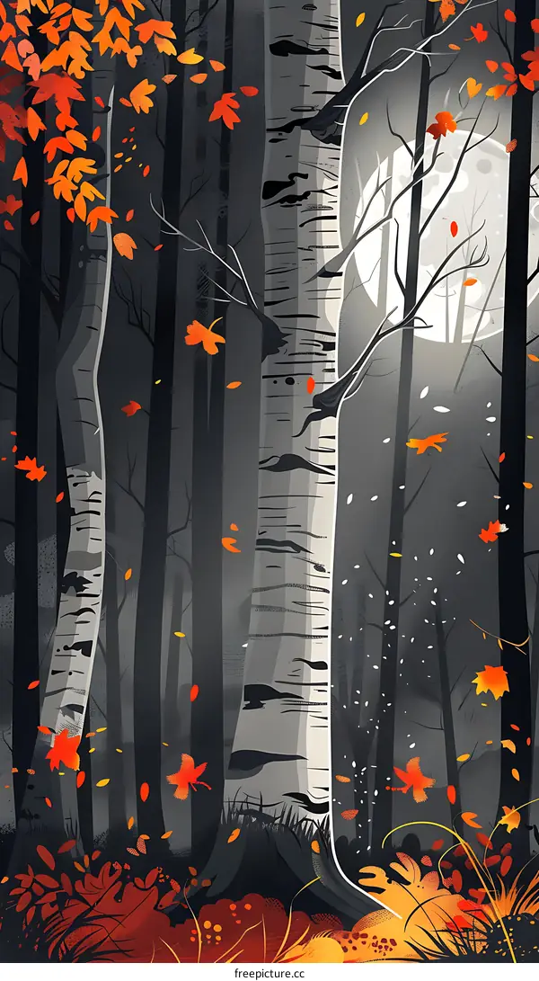 Autumn Forest with Birch Trees and Moon
