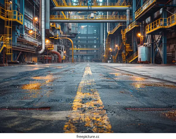 Empty factory workshop with yellow line on the floor