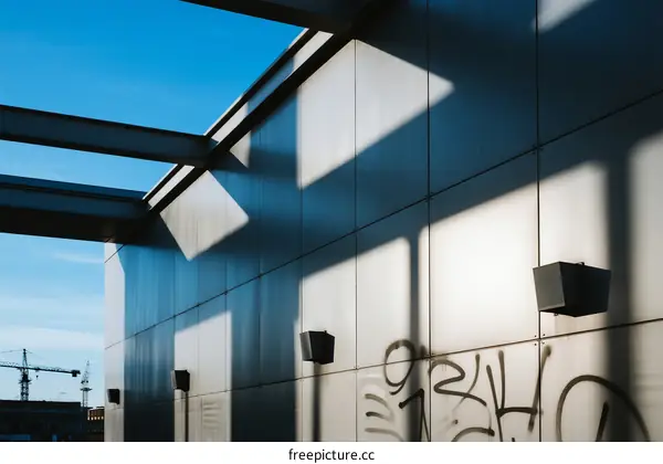 Modern Building with Geometric Shapes and Graffiti