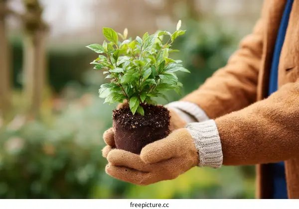 Gardener Holding Small Plant in Pot Outdoors