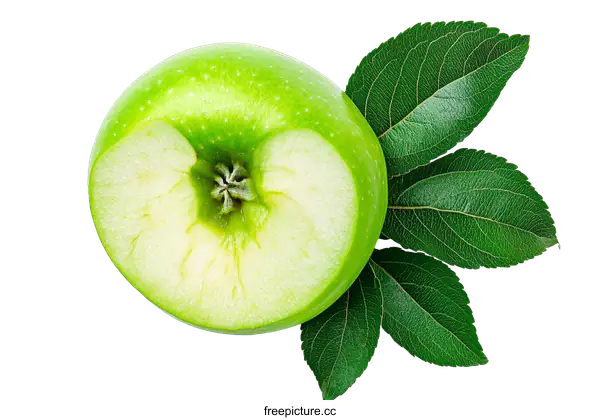 [Transparent Background PNG]Close up of a Green Apple Half with Leaves