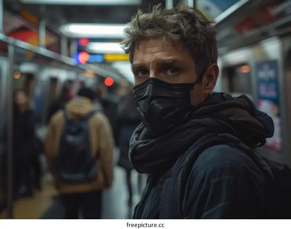 Portrait of a Man Wearing a Mask on a Subway Platform