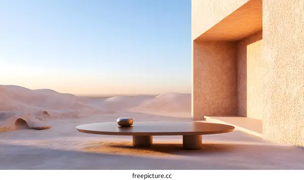 Minimalist Architectural Design with Oval Table in Desert Landscape