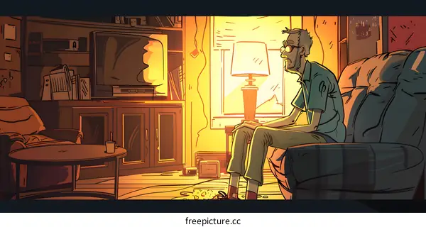 Man Sitting on Couch in Living Room with TV and Lamp