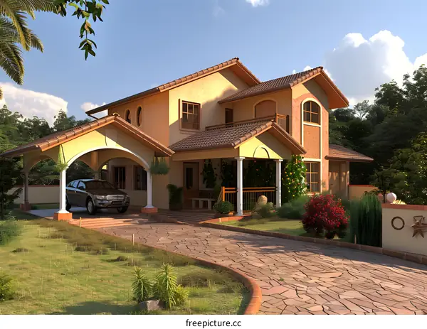 Modern Two Story House with Garage and Landscaping