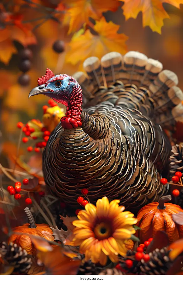 A Thanksgiving turkey surrounded by pumpkins and fall foliage.