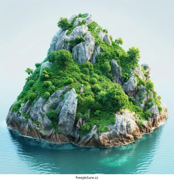 Small picturesque uninhabited island covered in greenery and trees in the ocean