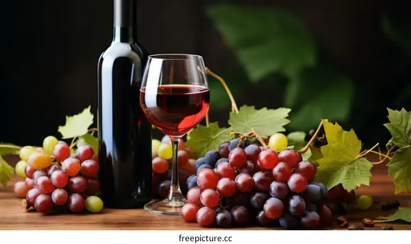 A bottle of red wine and a glass of red wine with grapes on a wooden table