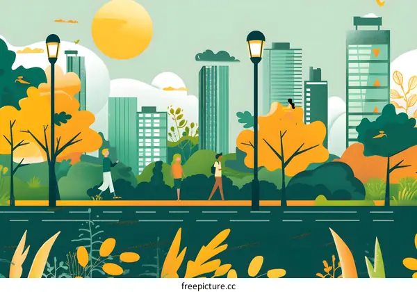 Urban City Park With People Walking Around