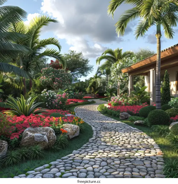 Serene Stone Path Through a Lush Tropical Garden