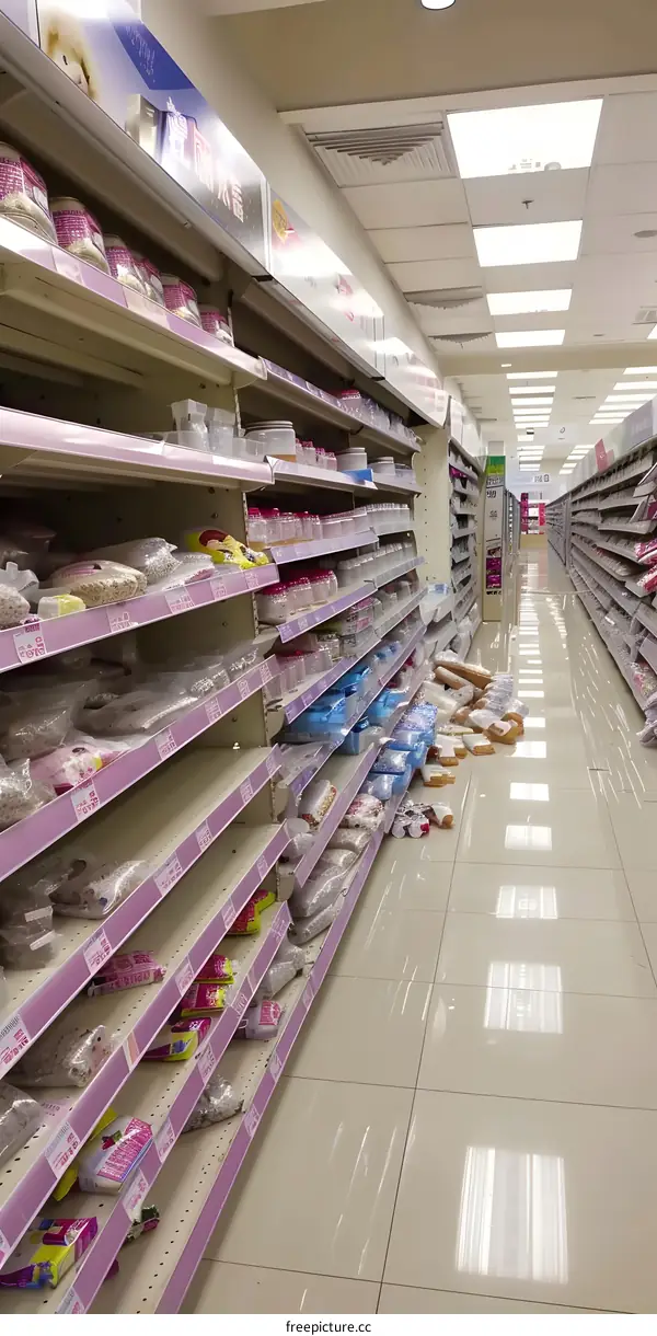 Shelves in a Store with Products Scattered on the Floor