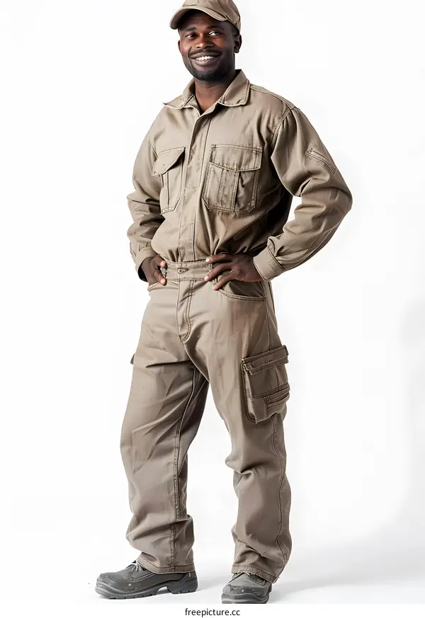Studio portrait of a smiling African man wearing a brown workwear jumpsuit
