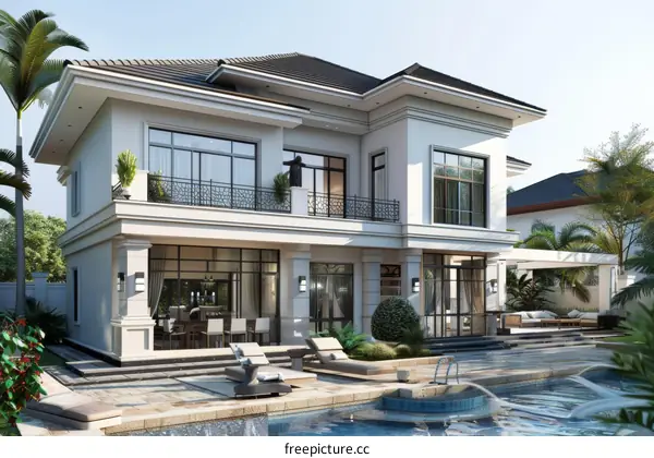 Luxury Mansion Exterior with Pool and Landscaping