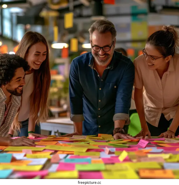 Multiethnic group of business people brainstorming ideas while standing around a table full of sticky notes in an office