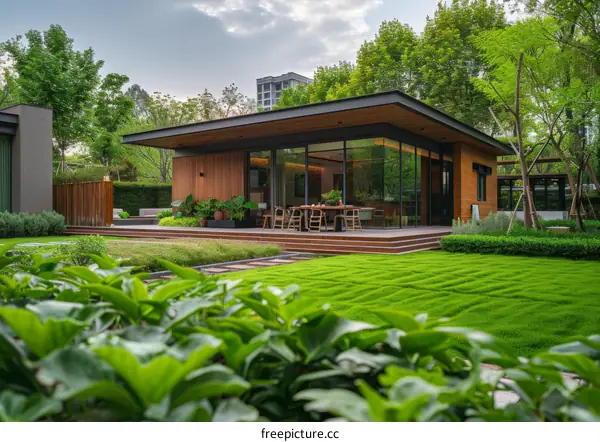 Courtyard House with Cantilevered Roof and Glass Facade in Lush Greenery
