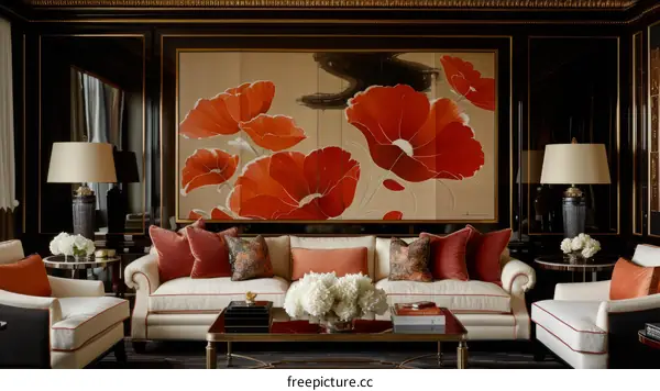 vibrant red floral painting in a living room