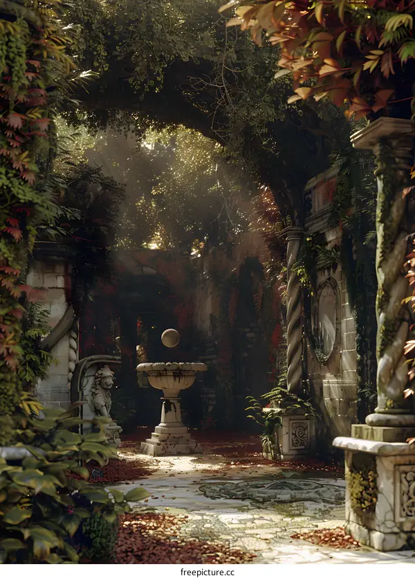 Stone Garden with  Sunlight and a Stone Fountain