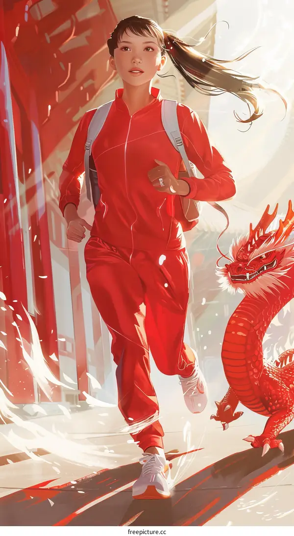 girl running with a dragon in a Chinese setting