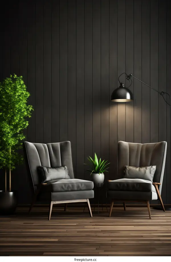 Two armchairs in a dark room