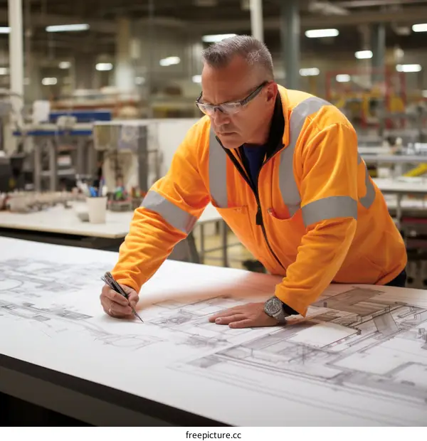 Engineer wearing safety glasses and reflective vest reviews large architectural plans