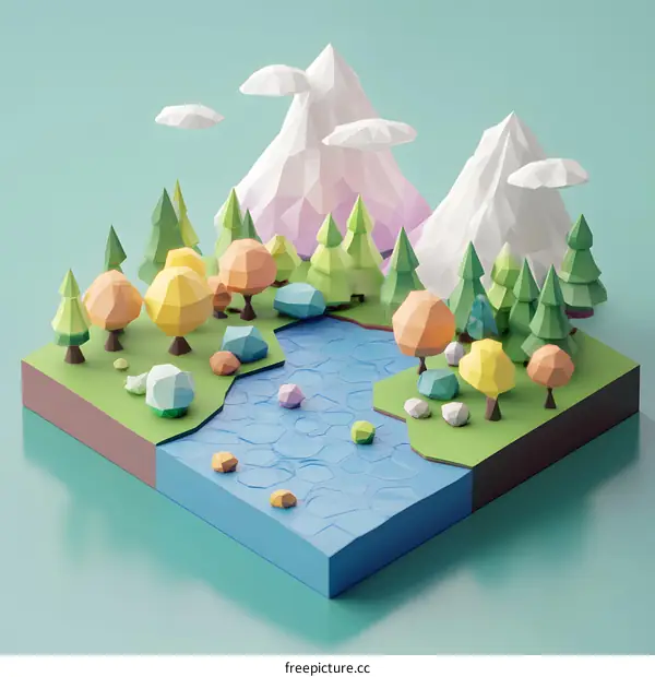 Low Poly 3D Rendered Landscape Illustration With Mountains And Trees