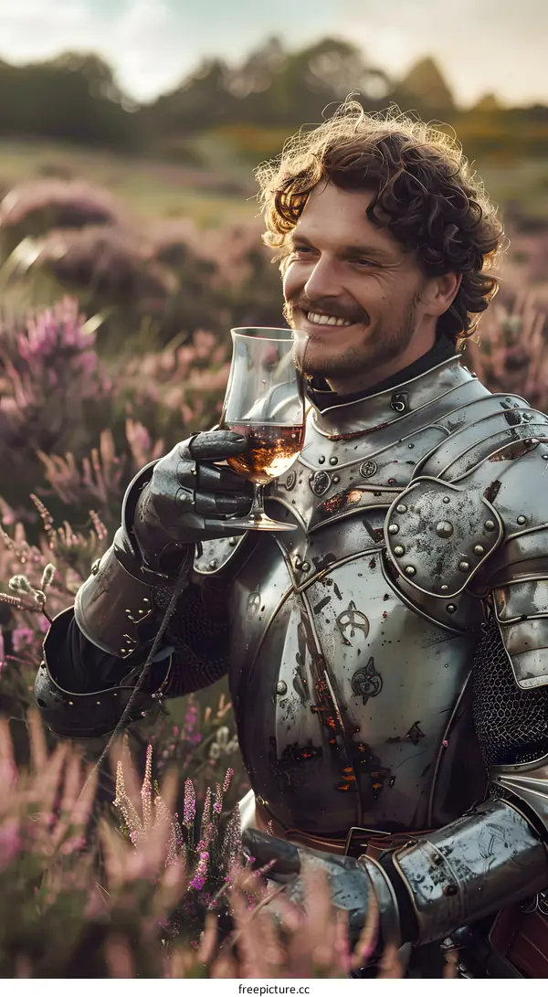 Smiling Knight in Armor Holding a Wine Glass in a Field of Flowers