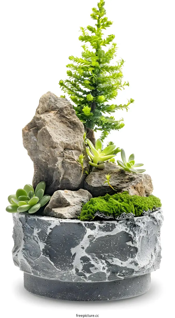Miniature Garden in a Stone Pot with Moss and Succulents