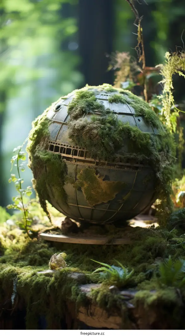 An overgrown globe sits in a lush forest
