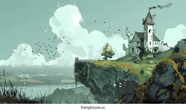 Fantasy Castle Illustration With Flying Birds