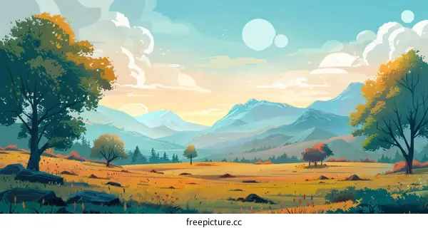 Colorful landscape with mountains, hills and trees