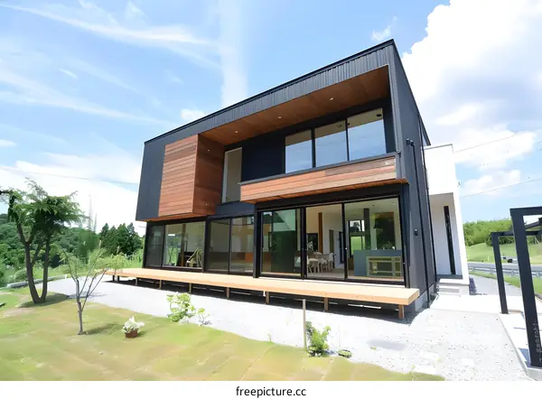 Modern Home With Large Windows And Wood Accents