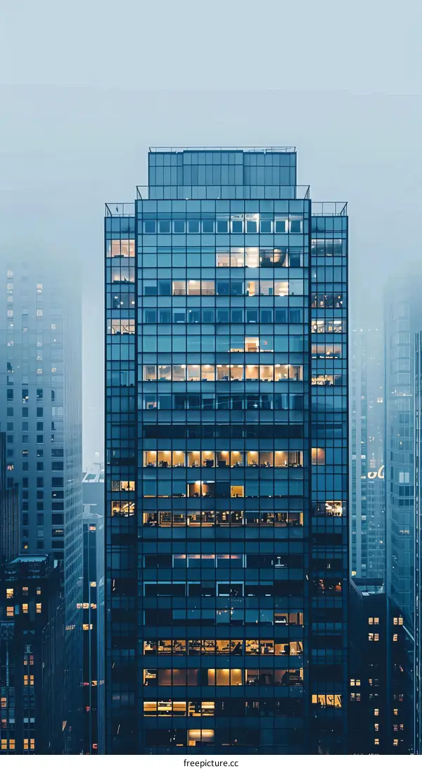 Blue skyscraper reaching into the foggy sky
