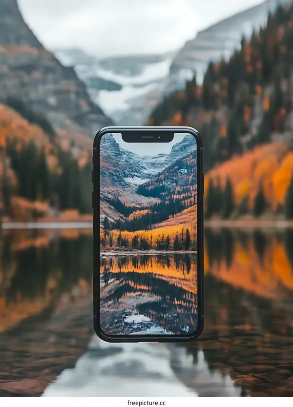 Smartphone Floating On Water with Mountain View