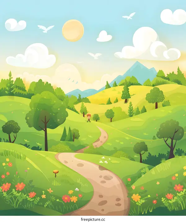 Cartoon Landscape with Green Hills and a Winding Path