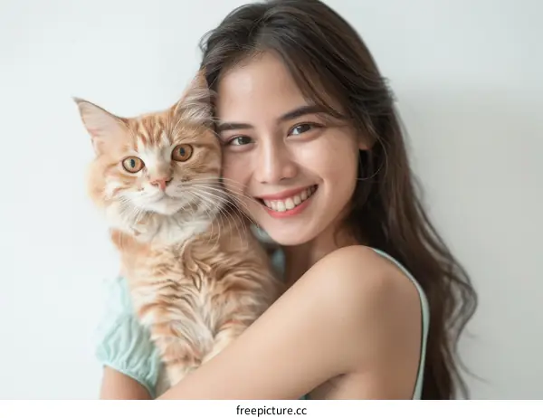 Asian woman hugging a ginger cat